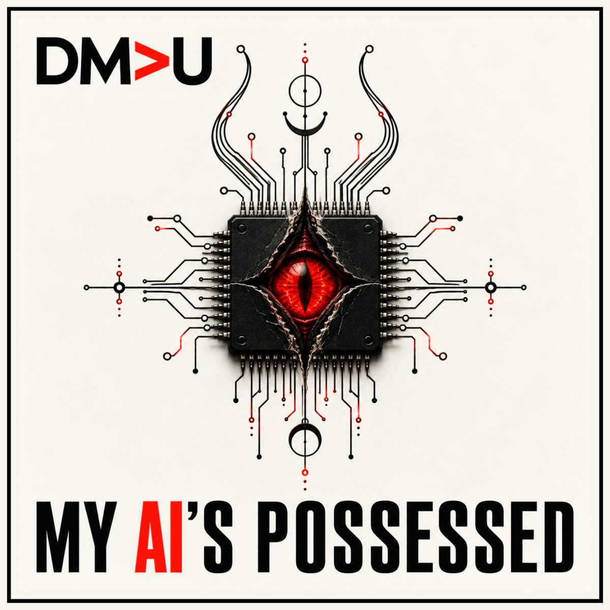 My AI's Possessed cover — a black microchip split open to reveal a glowing red eye, with circuit traces curling up into horns